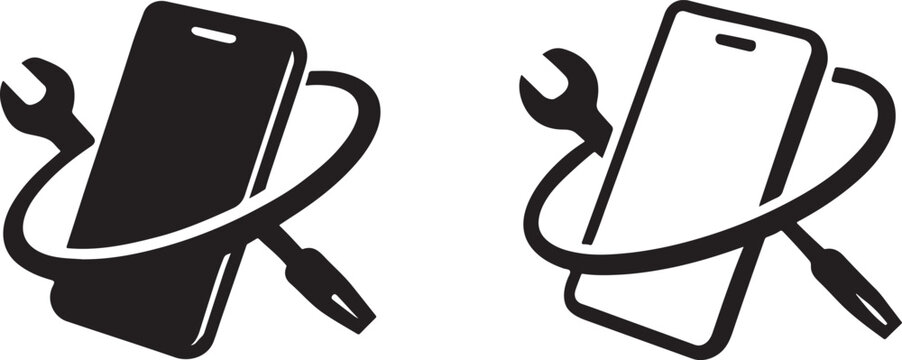 Abstract mobile phone repair service logo in clean silhouette vector style, editable EPS.