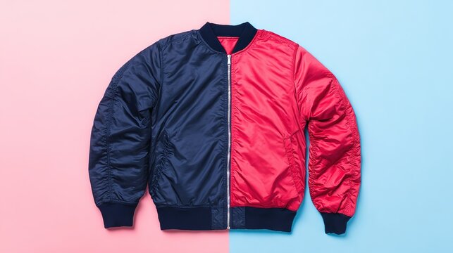reversible. A reversible jacket lying on a plain surface, one side blue and the other red. lifestyle magazines, social media lookbooks, designed for lifestyle magazines and social media content.