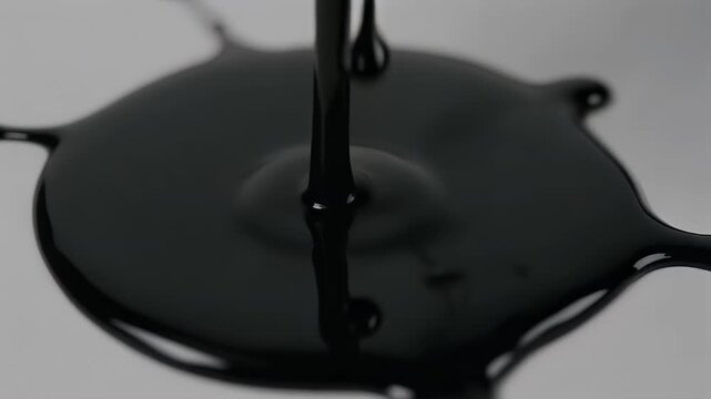 Viscous black liquid substance pours continuously onto a smooth light grey surface, spreading slowly in an abstract, graphic, high-contrast scene.