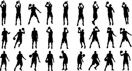 Basketball player silhouettes set, multiple athletic action poses with ball, shooting dribbling and jumping movements, black vector illustration collection for sports, training, design © Goutom