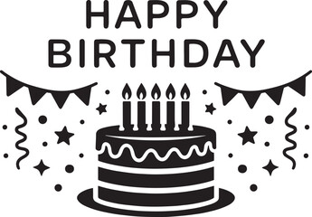 Happy Birthday Minimal Monoline Typography Vector with Cake and Party Decorations
