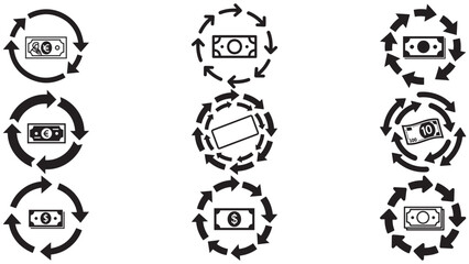 Vector set of minimal circle arrow icons around banknotes for recurring payments automated subscriptions and monthly billing cycles isolated on white background