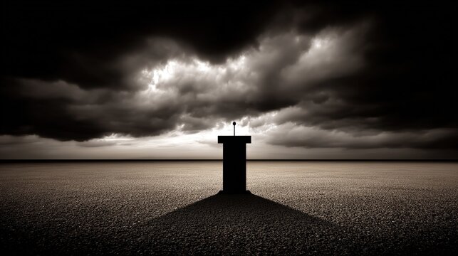 lectern. An isolated towering lectern with a microphone in the center of a vast empty square. real-estate listings.