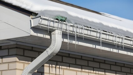 White house gutter with icicles hanging from snow covered roof edge and downspout