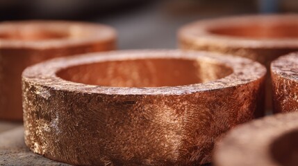 Focused shot of textured copper molds with fine details emphasizing surface finishing and readiness for molten metal casting.