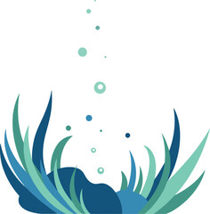 Obraz premium Abstract Underwater Plant Illustration with Bubbles in Blue and Green Minimalist Style