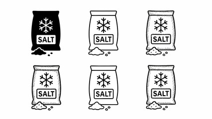 Set of Black and White Line Art Icons Featuring Bags of De-icing Salt with Snowflake Symbol, Perfect for Winter Road Maintenance and Cold Weather Safety Applications