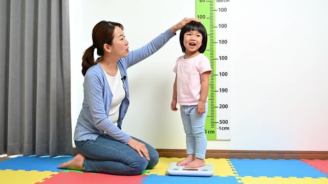 Joyful Child Growth Measurement: Mother Measures Happy Daughter's Height on Scale Against Wall Chart at Home, Tracking Healthy Development & Wellness