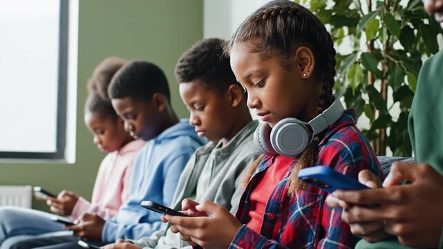 Diverse Group of Children and Adults Sitting in a Row, Deeply Engaged with Their Smartphones, Highlighting Modern Digital Habits, Screen Time, and ...