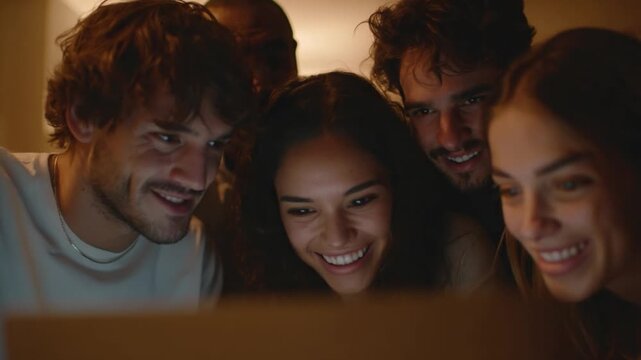 Shared Gaze: A circle of friends intently observes the illuminated screen, captivated by an shared experience, displaying bonds of friendship and unity.