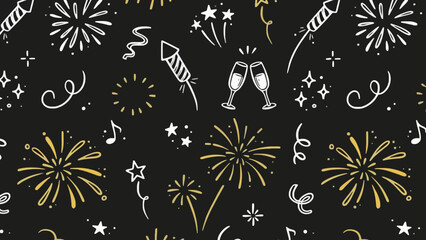 Festive Celebration Background with Fireworks, Champagne Glasses, and Musical Notes © dale