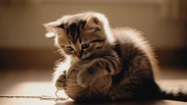 kitten attacking loose ball of yarn. Yarn tangles around paws, kitten spins, paws at it again, pauses and blinks, then continues playful chaos. video