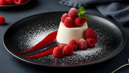 Raspberry dessert on a black plate with powdered sugar