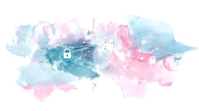 Watercolor Cybersecurity Interface Illustrates Data Protection and Digital Safety Concepts Modernly - Powered by Adobe