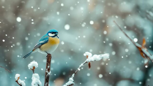 Blue tit perched on a branch amidst falling snow in a winter wonderland, Blue tit bird sitting on a stick in the winter forest Cyanides caeruleus Close up