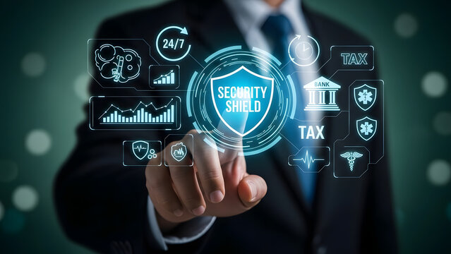 Businessman interacting with digital financial security interface - Powered by Adobe