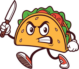 Angry taco cartoon character running with knife in hand looking aggressive