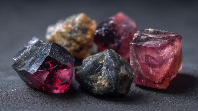Group of colorful garnet and tourmaline raw crystals on a dark background