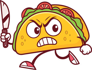 Angry taco cartoon character holding knife with determined expression
