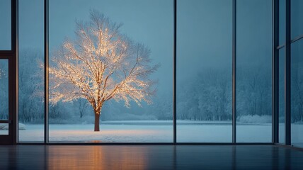 A lone tree in a snowy field, but decorated with glowing lights like a Christmas tree in a corporate lobby.