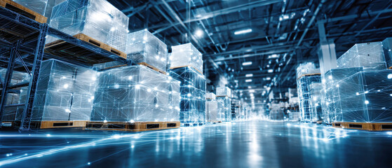 A digital warehouse with pallets and boxes, featuring blue light lines on the floor and a drone operating in a logistics center with a network