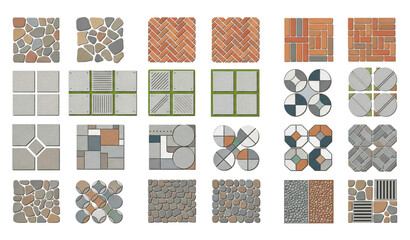 Landscape pavement pattern vector set with garden walkway and park ground design elements isolated on white background © MdAshik