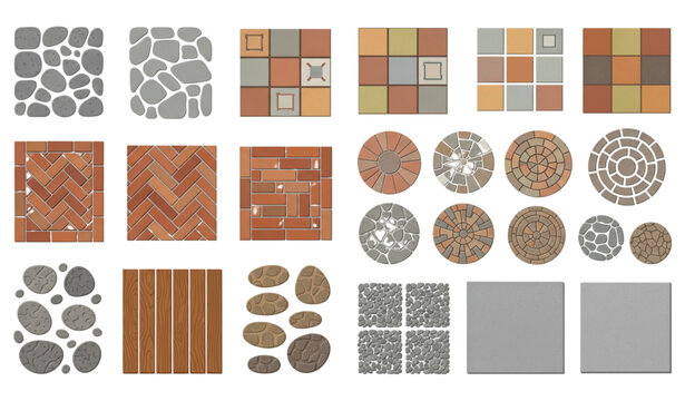 Outdoor pavement and walkway landscape vector elements with decorative ground patterns isolated on white background
