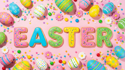 Top view of colorful Easter eggs and candy letters spelling EASTER on pink background