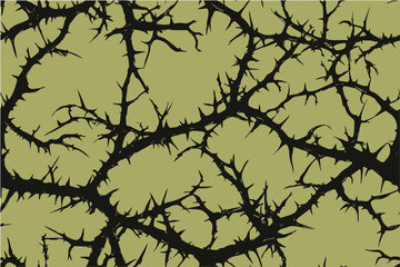 A seamless pattern of thorny vines, their leaves and branches rendered in bold black lines on an olive green background.