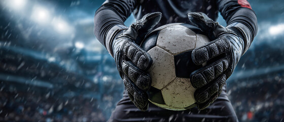 A goalkeeper holds the ball with gloved hands, positioned to make a save during a match in a stadium with a blurred background