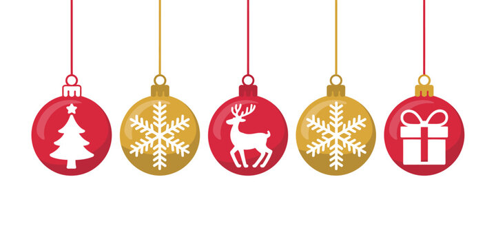 Christmas ornaments hanging on white background