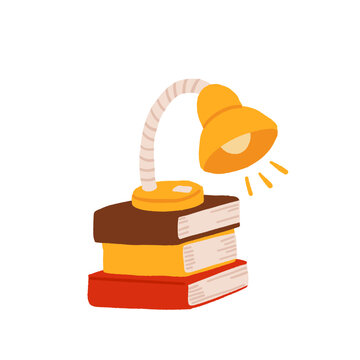 A modern desk lamp shines light on a pile of diverse books, all isolated on a clean white background.