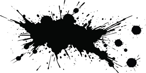 Obraz premium Grungy black ink splat and liquid paint blots create a dirty spray texture with artistic splatter drips and graffiti brush stains on a vector illustration background element