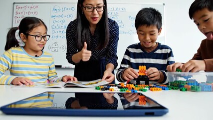 Supportive Teacher Guides Diverse Children in Engaging STEM Building Block Activity with Tablet in Modern Classroom
