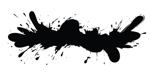 Black ink splat and grunge blots with paint splashes create a vector splatter illustration featuring dirty stains and liquid drip patterns on a textured silhouette design element