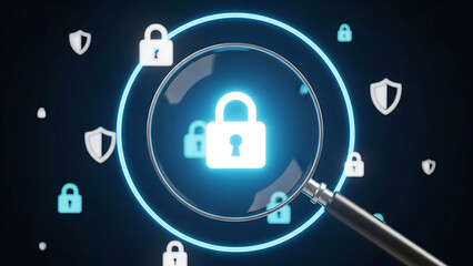 Cybersecurity concept with glowing padlocks and shield icons surrounding a digital network on a dark blue background