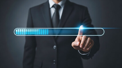 Business professional interacting with a glowing progress bar representing data loading or system updates