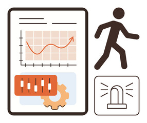 Graph with upward trend, control panel, gear, alarm light, and running figure suggesting progress, monitoring, alerts, and action. Ideal for technology business fitness emergency analytics