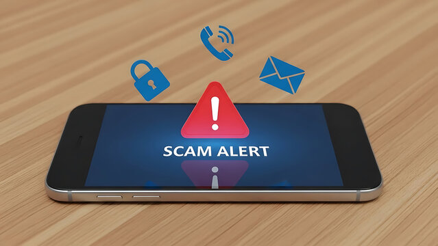 Smartphone displaying scam alert with security icons floating above on wooden surface - Powered by Adobe