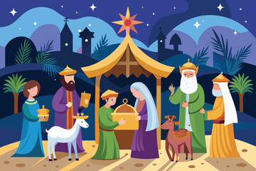 Naklejka premium Nativity scene with wise men religious illustration