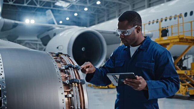 Aircraft mechanic uses tablet for jet engine inspection in airplane hangar. Technician performs aircraft maintenance with tablet. Mechanic inspects jet engine with tablet for aviation safety check in