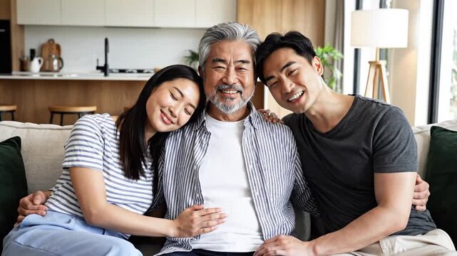 Smiling Multi-Generational Asian Family Portrait: Happy Father with Adult Son and Daughter Embracing on a Sofa at Home