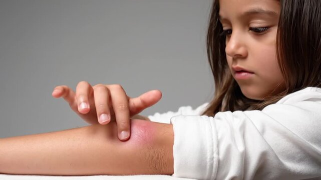 Young girl's arm with red, swollen inflamed skin reaction, possibly an insect bite or allergic rash, indicating discomfort and need for care