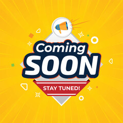 Coming soon template with megaphone, coming soon banner for social media post, coming soon on yellow background