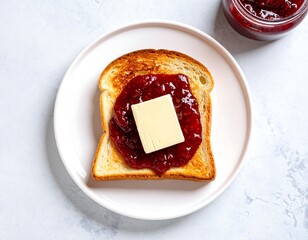 Delicious toasted bread with butter and jam on white plate