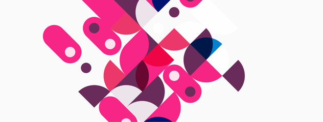 Fototapeta premium Abstract geometric shapes, pinks, purples, blues overlap white background. Modern design, vibrant colors, playful composition.