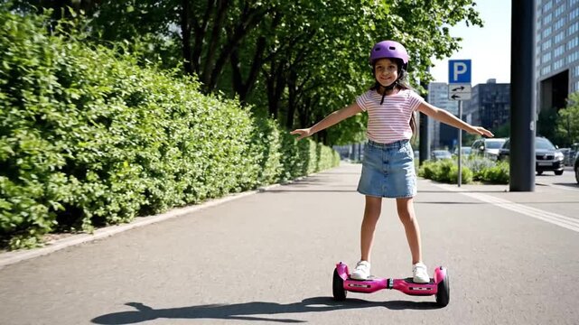 Joyful Young Girl in Helmet Riding Pink Hoverboard on Sunny Urban Sidewalk, Arms Outstretched for Balance and Outdoor Fun