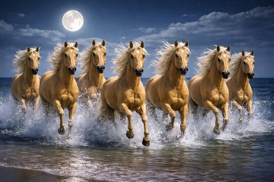 Seven Golden Horses Running in Ocean Water Under Moonlight Ai Genreted 
