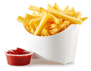 Delicious French fries in a white box with ketchup