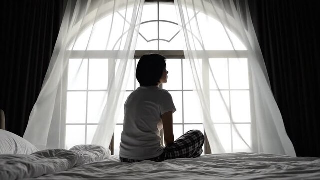 Silhouette of a person sitting on a bed, gazing thoughtfully out of a brightly lit arched window with white curtains, capturing a moment of contemp...